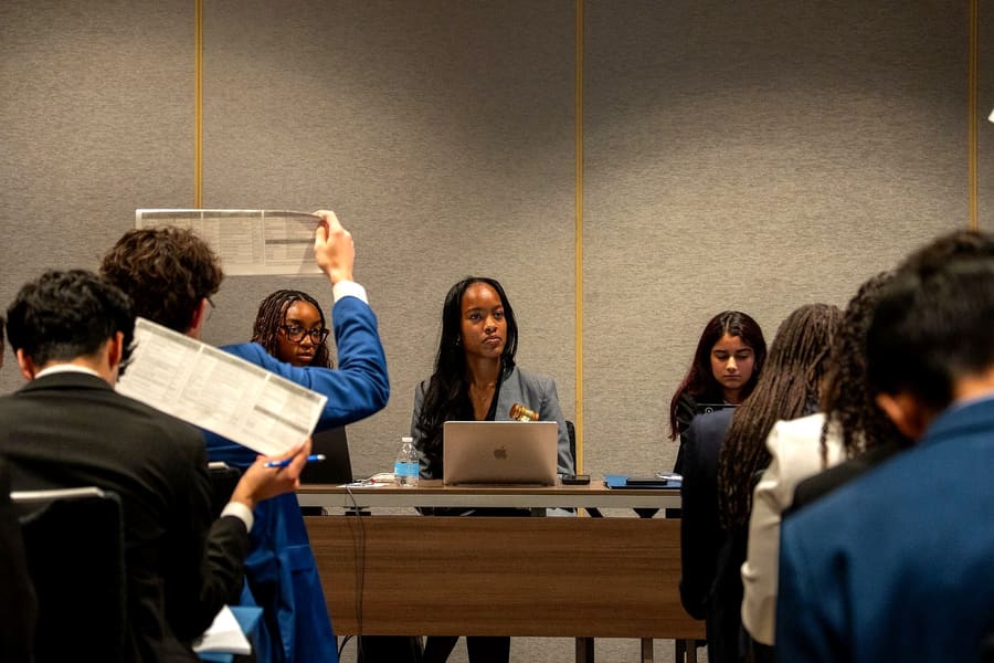 A committee chair presiding with a gavel as delegates raise their placards